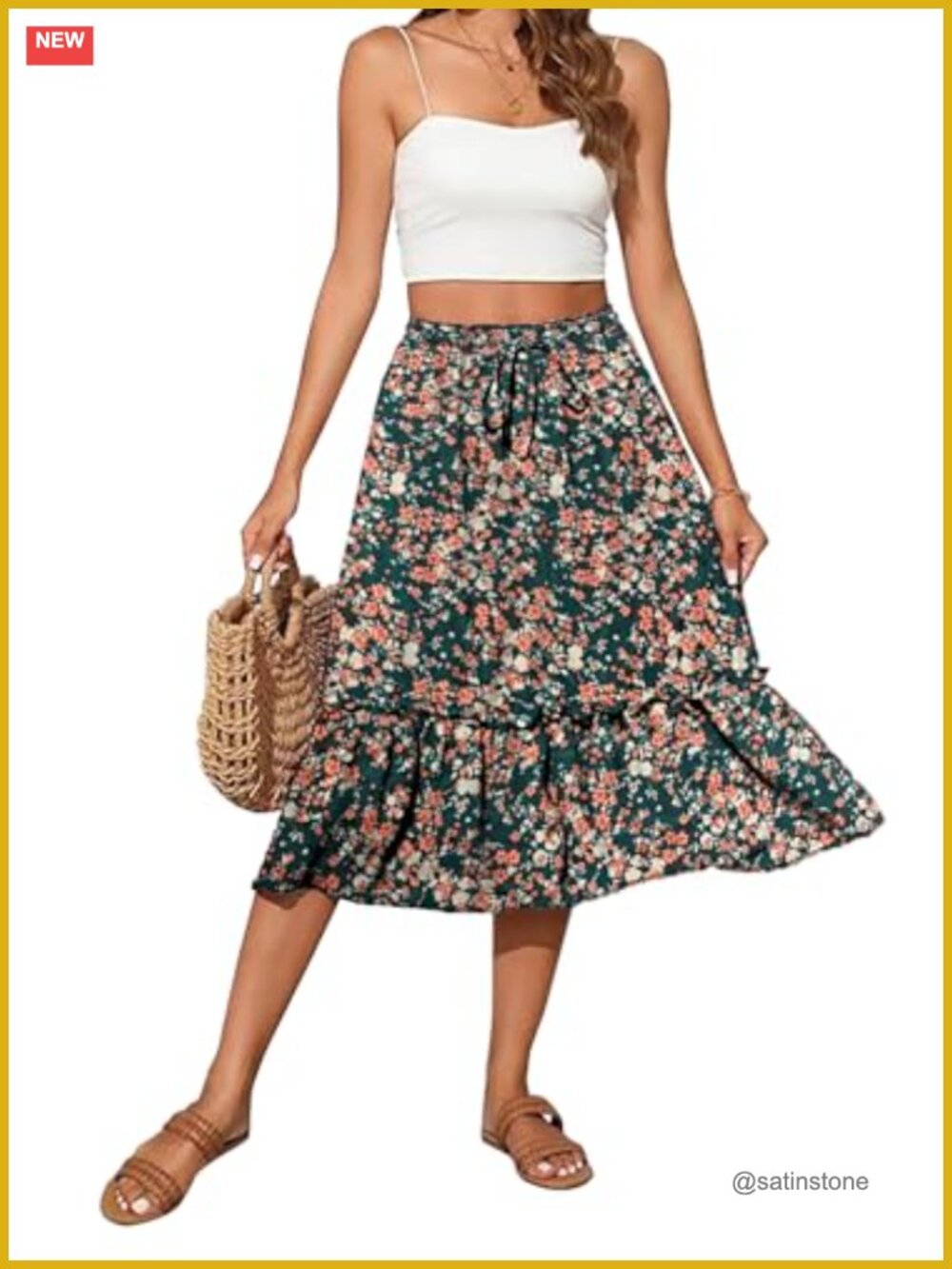 Chiffon Floral Midi Skirt High Waist A-Line Pleated with Pockets